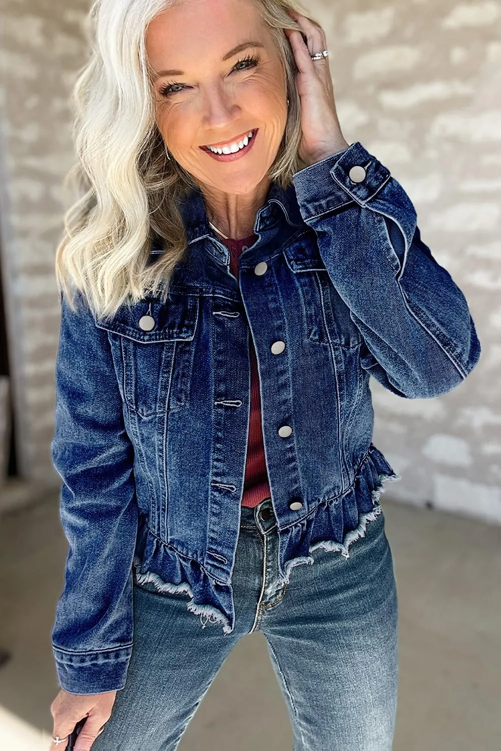 MARZXIN Womens Pocket Raw Hem Ruffle Denim Jackets Button Down Shirt Beau Blue Ruffle Raw Hem Flap Pockets Denim Jacket