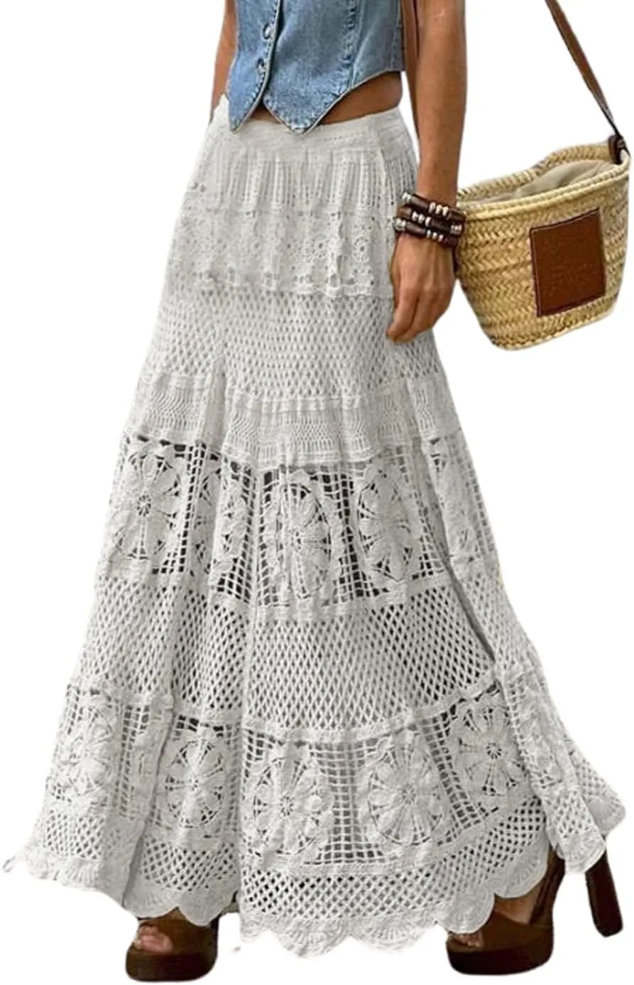 Melliflo Womens Western Vintage Floral Lace Boho Maxi Skirt Eyelet Flowy A Line Crochet Knit Hippie Long Skirt