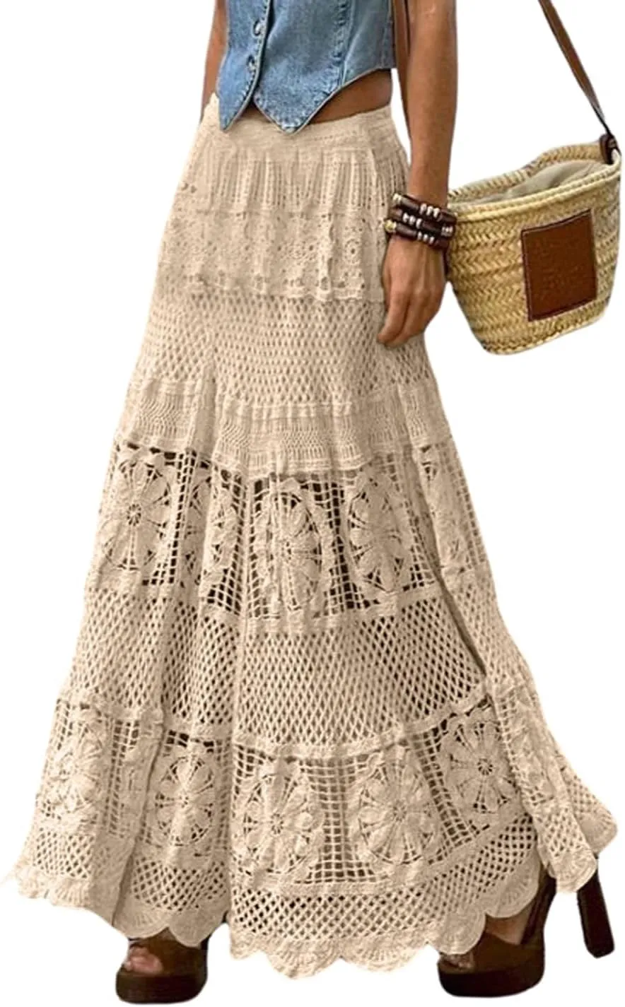 Melliflo Womens Western Vintage Floral Lace Boho Maxi Skirt Eyelet Flowy A Line Crochet Knit Hippie Long Skirt