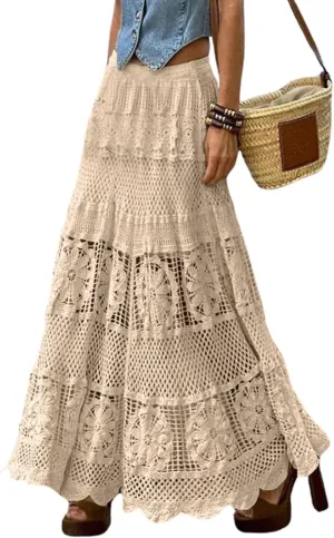 Melliflo Womens Western Vintage Floral Lace Boho Maxi Skirt Eyelet Flowy A Line Crochet Knit Hippie Long Skirt