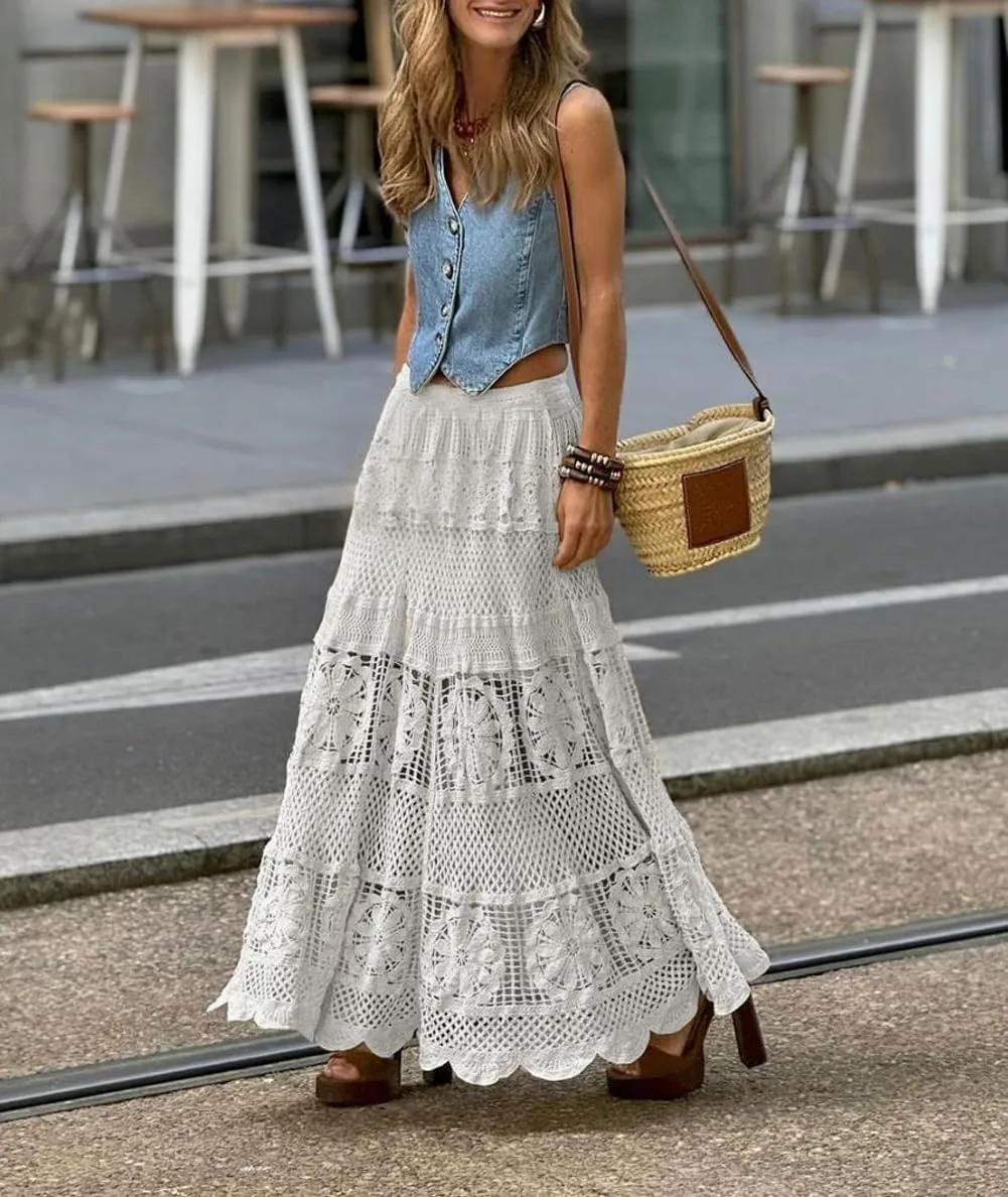 Melliflo Womens Western Vintage Floral Lace Boho Maxi Skirt Eyelet Flowy A Line Crochet Knit Hippie Long Skirt