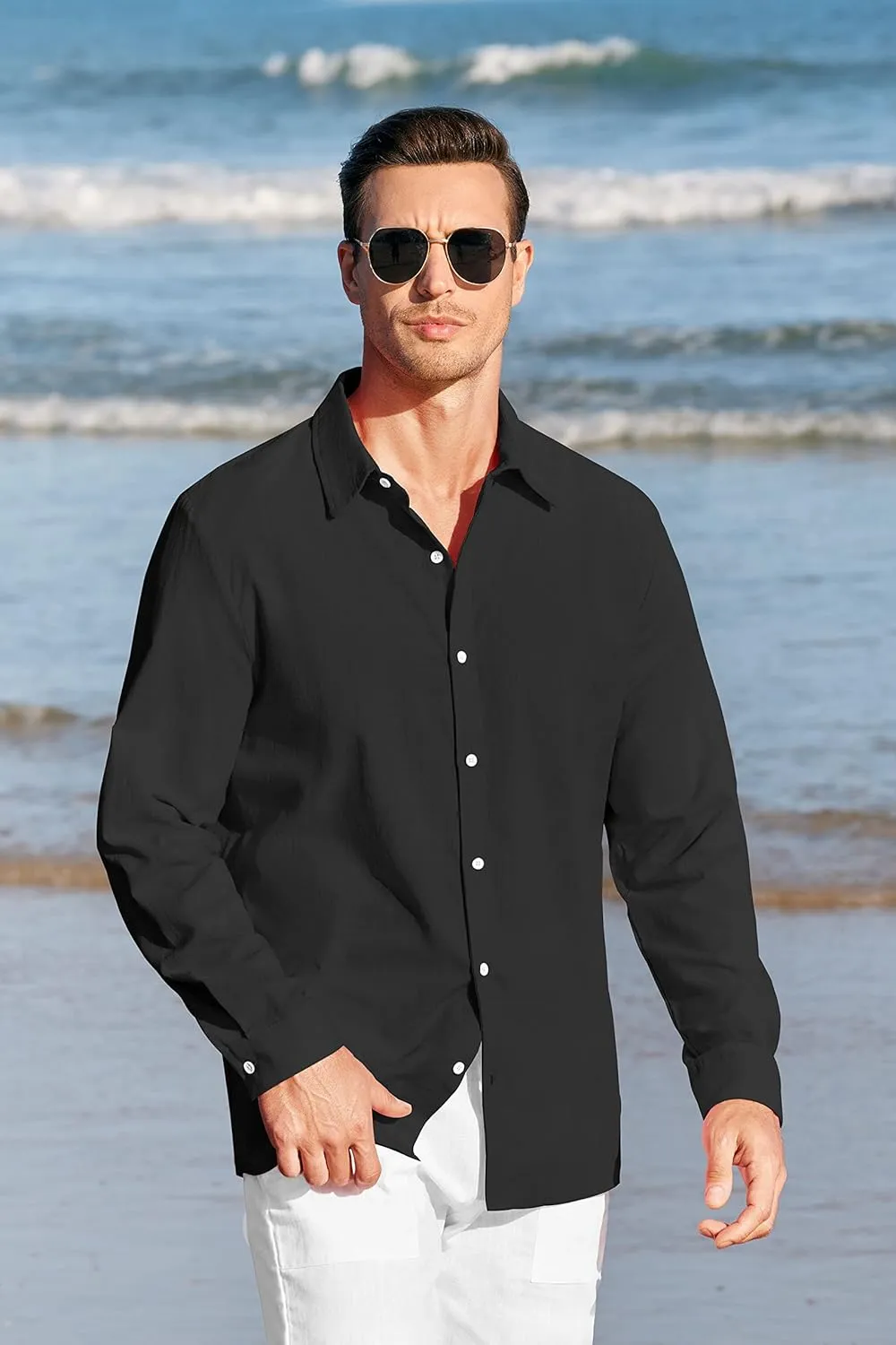 Mens Button Up Shirts Long Sleeve Linen Beach Casual Cotton Summer Lightweight Tops