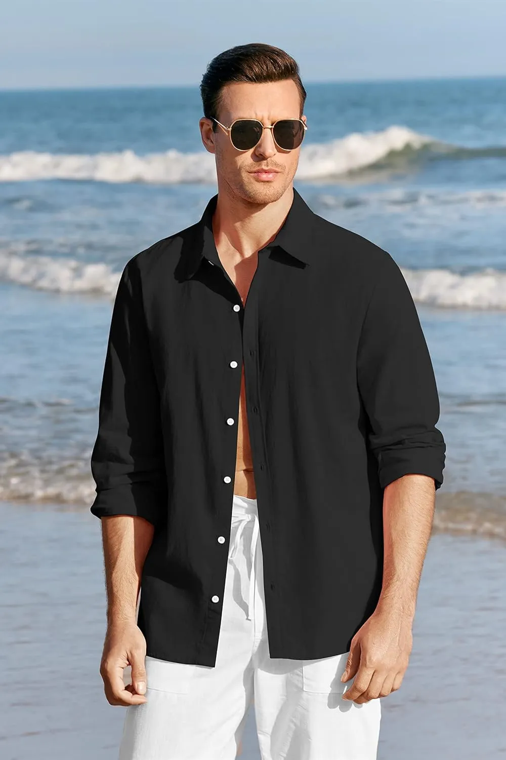 Mens Button Up Shirts Long Sleeve Linen Beach Casual Cotton Summer Lightweight Tops