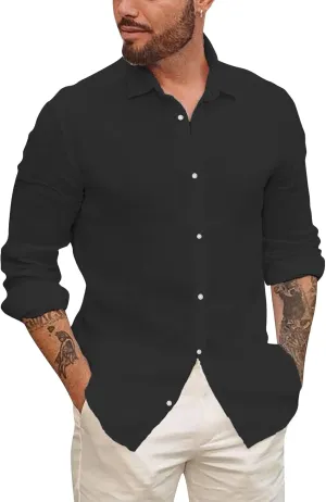 Mens Button Up Shirts Long Sleeve Linen Beach Casual Cotton Summer Lightweight Tops