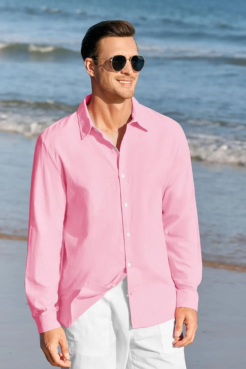 Mens Button Up Shirts Long Sleeve Linen Beach Casual Cotton Summer Lightweight Tops