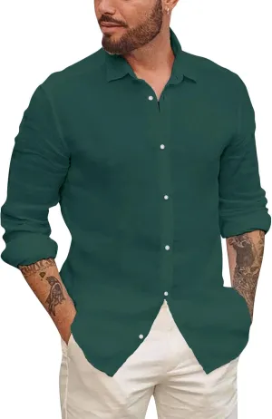 Mens Button Up Shirts Long Sleeve Linen Beach Casual Cotton Summer Lightweight Tops