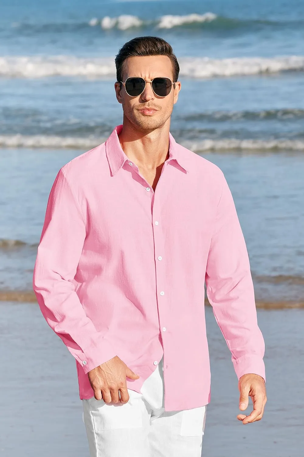 Mens Button Up Shirts Long Sleeve Linen Beach Casual Cotton Summer Lightweight Tops
