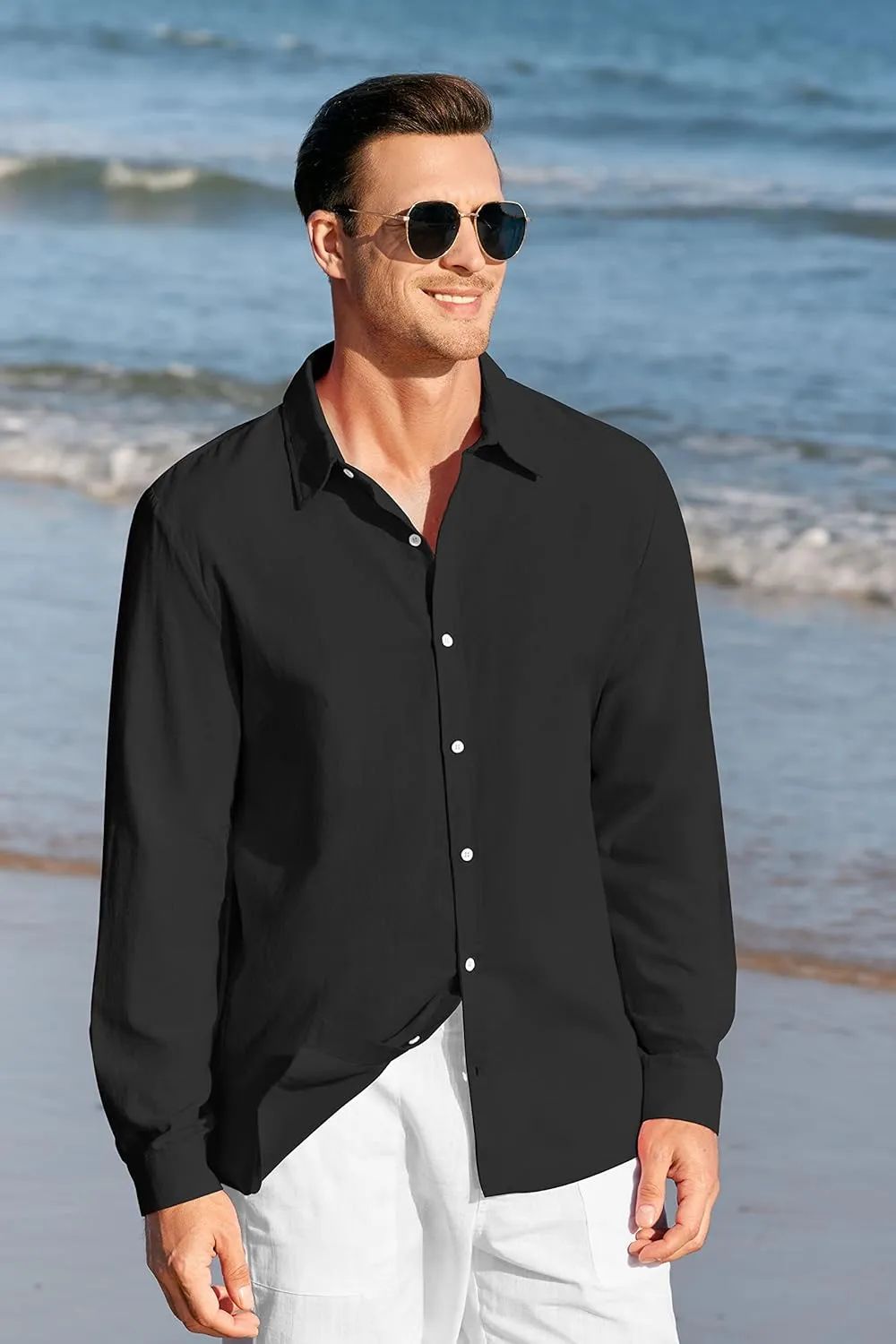 Mens Button Up Shirts Long Sleeve Linen Beach Casual Cotton Summer Lightweight Tops