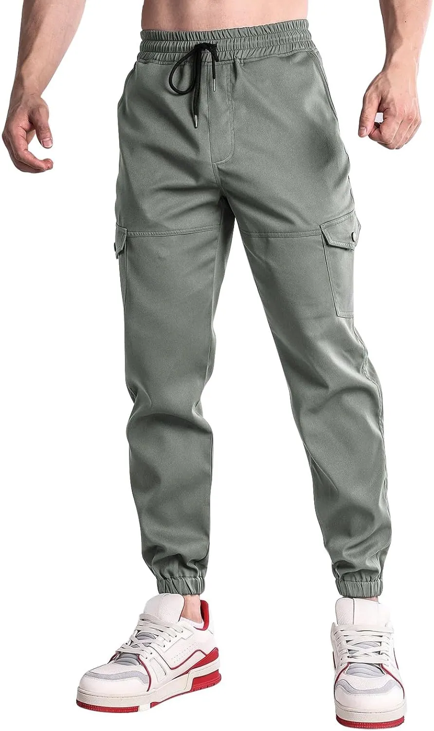 Mens Cargo Pants Elastic Waist Loose Casual Sweatpants Classic Tactical Pants Multi Pockets Twill Sport Hiking Pants