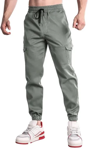 Mens Cargo Pants Elastic Waist Loose Casual Sweatpants Classic Tactical Pants Multi Pockets Twill Sport Hiking Pants