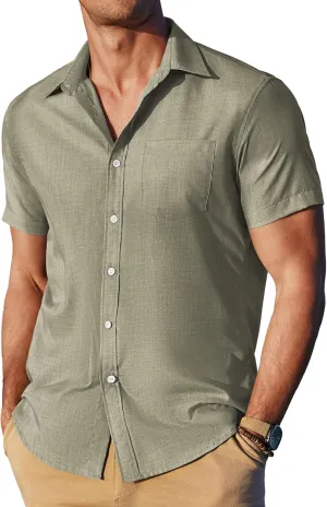Men's Casual Linen Shirt Short Sleeve Button Down Summer Beach Shirts
