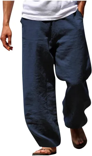 Mens Cotton Linen Pants Wide Leg Elastic Waist Casual Pants Comfy Loose Lightweight Trousers with Pockets