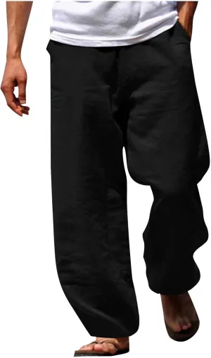 Mens Cotton Linen Pants Wide Leg Elastic Waist Casual Pants Comfy Loose Lightweight Trousers with Pockets