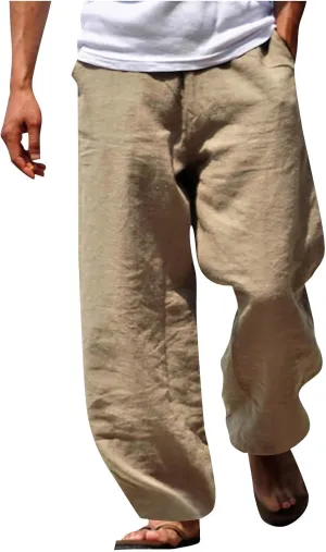 Mens Cotton Linen Pants Wide Leg Elastic Waist Casual Pants Comfy Loose Lightweight Trousers with Pockets