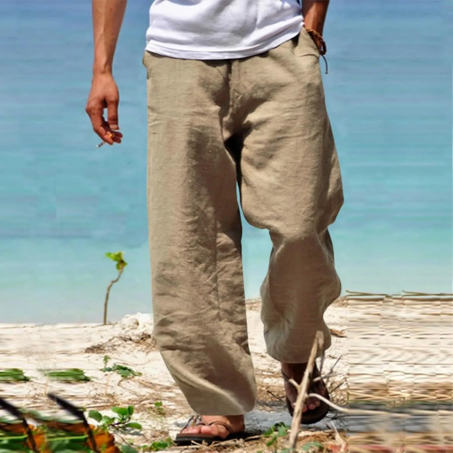 Mens Cotton Linen Pants Wide Leg Elastic Waist Casual Pants Comfy Loose Lightweight Trousers with Pockets