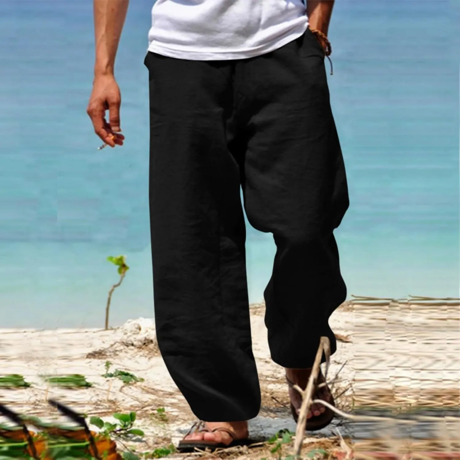 Mens Cotton Linen Pants Wide Leg Elastic Waist Casual Pants Comfy Loose Lightweight Trousers with Pockets