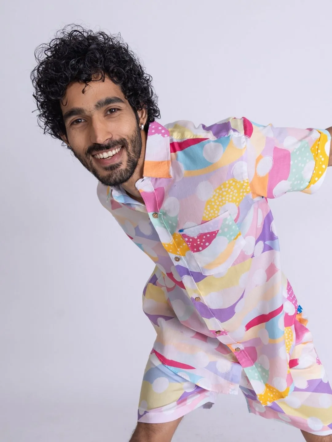 Mens Cotton Shirt & Shorts Set | Pastel Polka
