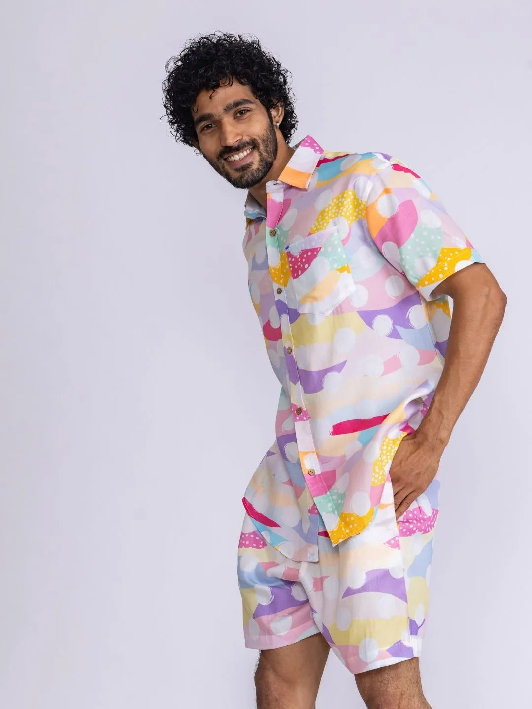 Mens Cotton Shirt & Shorts Set | Pastel Polka
