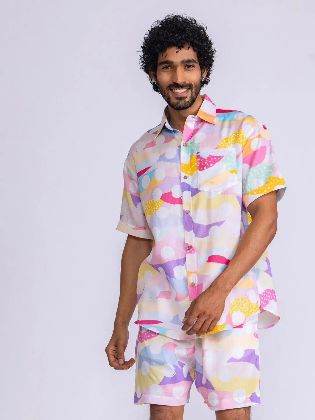 Mens Cotton Shirt & Shorts Set | Pastel Polka