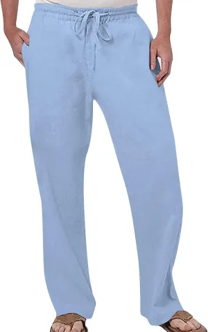 Mens Cricket Pants Mens Linen Beach Pants Summer Casual Solid Color Pants Elastic Waist Drawstring Loose Trousers with Pockets Black Chino
