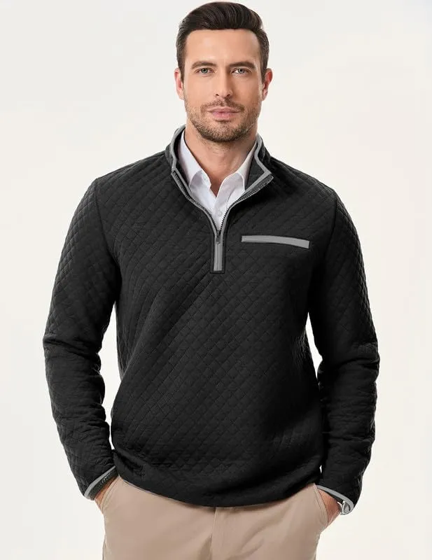 Men's Fall Quarter Zip Long Sleeve Quilted Sweatshirts Mock Neck Color Block Casual Pullover Sweaters