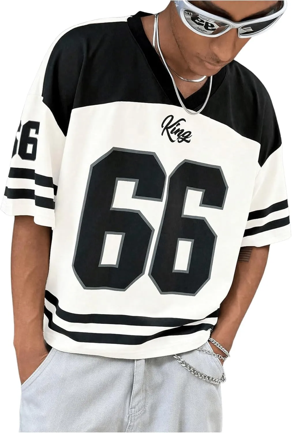 Men's Jersey Y2k Graphic T Shirt Oversized Number Short Sleeve V Neck Baggy Drop Shoulder Summer Tees Streetwear