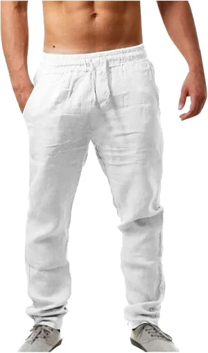 Mens Linen Yoga Lightweight Joggers Pants, Loose Casual Summer Elastic Waist Drawstring Baggy Trousers with Pocket