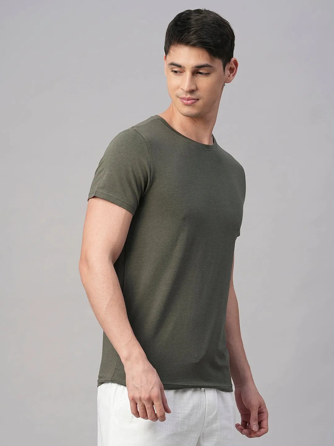 Men's Olive Cotton Bamboo Elastane Regular Fit Tshirt