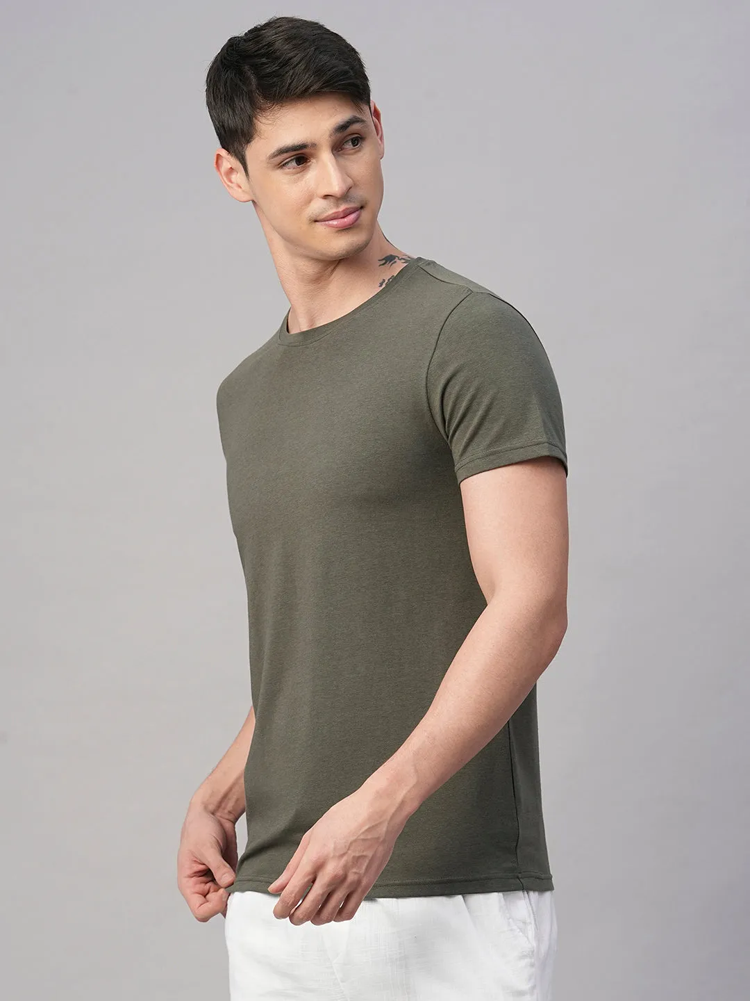 Men's Olive Cotton Bamboo Elastane Regular Fit Tshirt