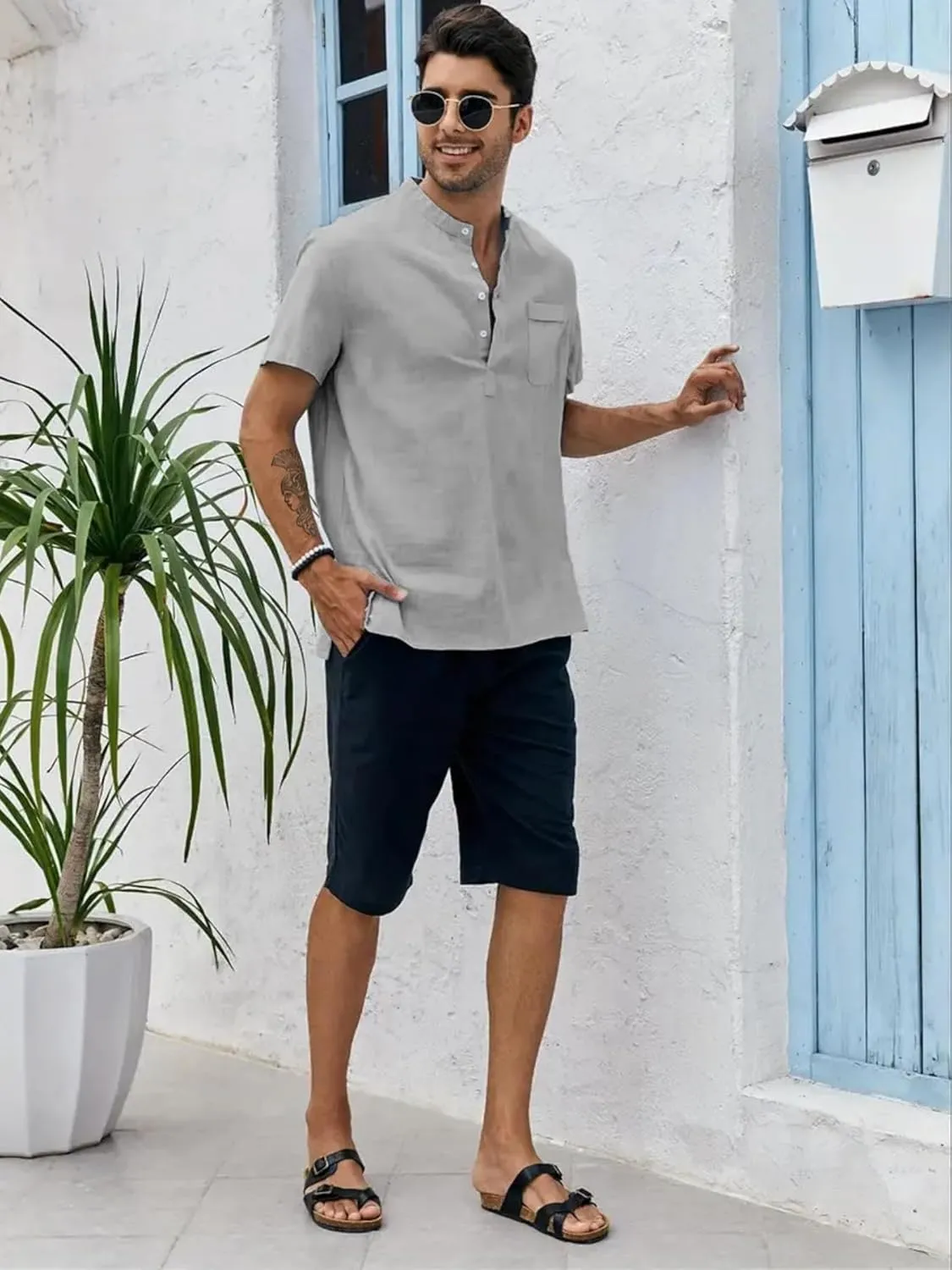 Men's Oversize Solid Color Henley Shirt Band Collar Button Down Short Sleeve Tee Cotton Beach Wear Tops M-4XL