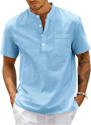 Men's Oversize Solid Color Henley Shirt Band Collar Button Down Short Sleeve Tee Cotton Beach Wear Tops M-4XL