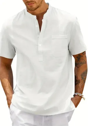 Men's Oversize Solid Color Henley Shirt Band Collar Button Down Short Sleeve Tee Cotton Beach Wear Tops M-4XL