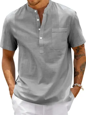 Men's Oversize Solid Color Henley Shirt Band Collar Button Down Short Sleeve Tee Cotton Beach Wear Tops M-4XL