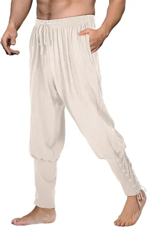 Men's Pirate Pants Renaissance Medieval Viking Pants Linen Ankle Banded Trousers Halloween Costume