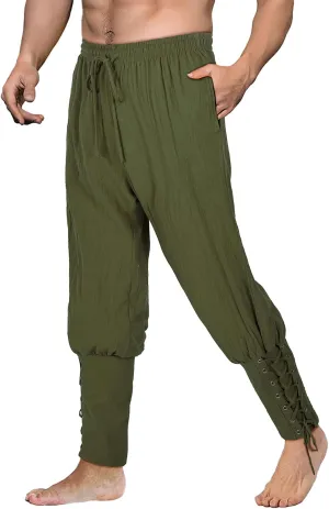 Men's Pirate Pants Renaissance Medieval Viking Pants Linen Ankle Banded Trousers Halloween Costume