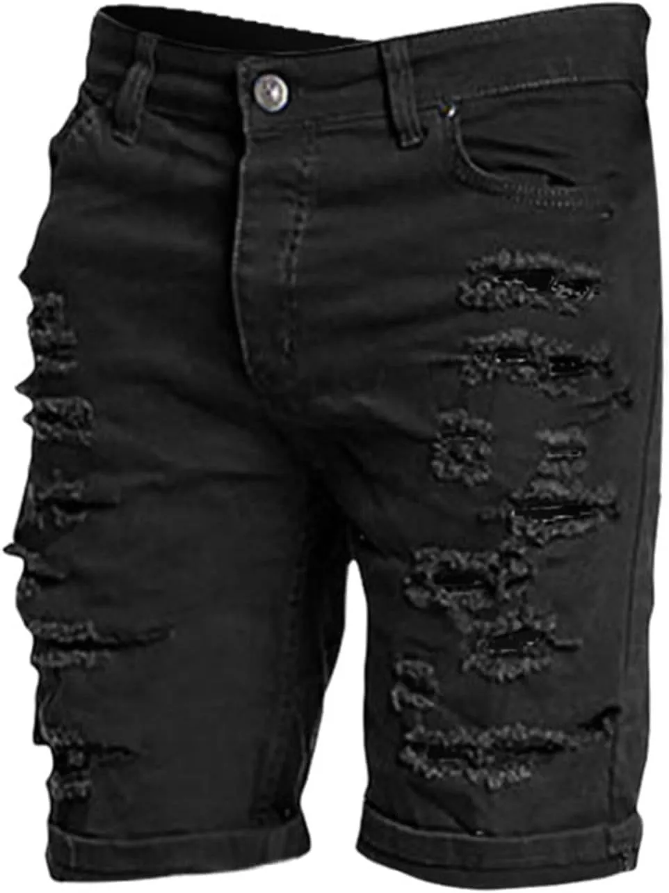 Mens Ripped Shorts Distressed Low Rise Straight Leg Skinny Solid Jeans Knee Length Cutout Combat Street Hipster Trend Bermuda