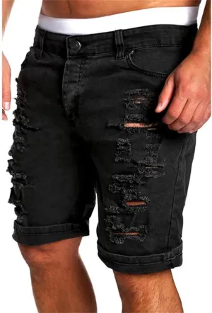 Mens Ripped Shorts Distressed Low Rise Straight Leg Skinny Solid Jeans Knee Length Cutout Combat Street Hipster Trend Bermuda