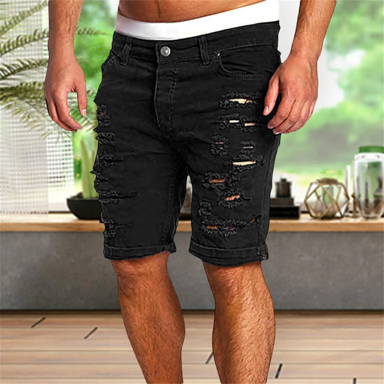 Mens Ripped Shorts Distressed Low Rise Straight Leg Skinny Solid Jeans Knee Length Cutout Combat Street Hipster Trend Bermuda