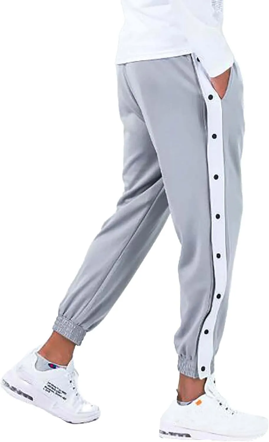 Mens Streetwear Cargo Jogger Pants Loose Fit Button Side Basketball Training Joggers with Elastic Cuffs Sweatpants