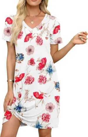 Miselon Tshirt Dresses for Women - Short Sleeve V Neck Knot T Shirt Dress Casual Summer Beach Sundresses