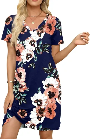Miselon Tshirt Dresses for Women - Short Sleeve V Neck Knot T Shirt Dress Casual Summer Beach Sundresses