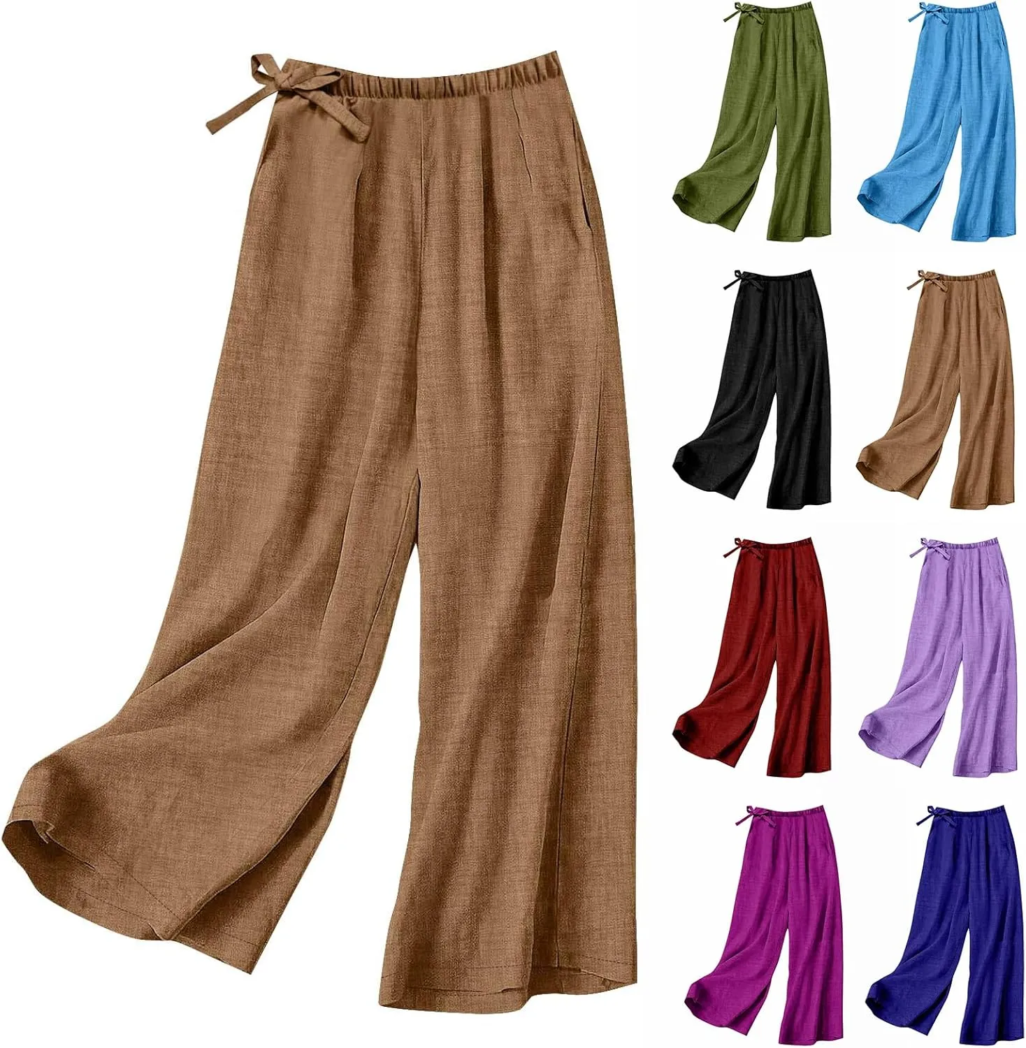 Miyaomn Casual Wide Leg Linen Pants for Women Loose Fit Palazzo Lounge Trousers Lightweight Summer Beach Slacks with Pockets