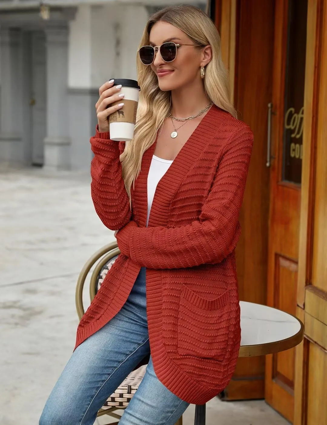 MONNURO Womens Plus Size Cardigan 2024 Lightweight Ribbed Knit Textured Open Front Sweaters Coat with Pockets