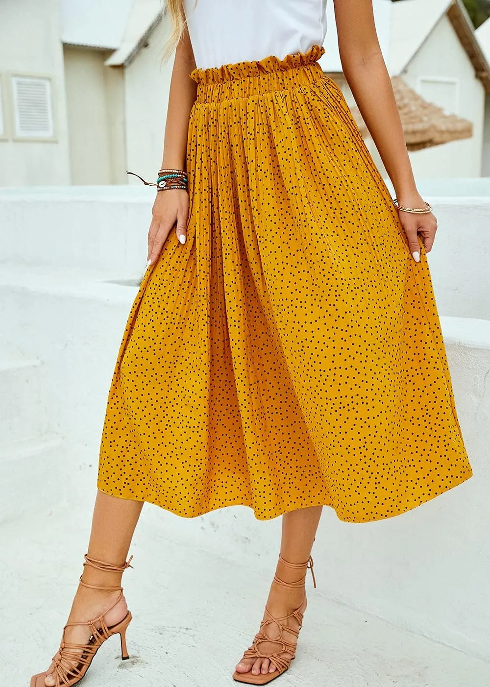 Naggoo Women's Skirts High Elastic Waisted Casual Skirt Pleated Floral/Solid Midi Skirts with Pockets