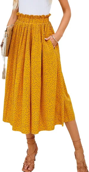 Naggoo Women's Skirts High Elastic Waisted Casual Skirt Pleated Floral/Solid Midi Skirts with Pockets