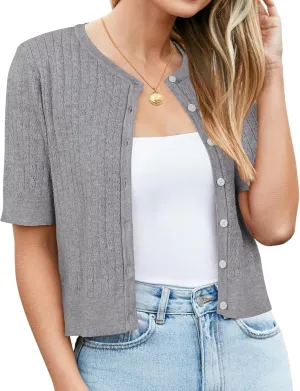 Newshows Womens Cropped Cardigan Sweaters 2025 Summer Lightweight Short Sleeve Bolero Shrug Hollow Out Button Down Tops
