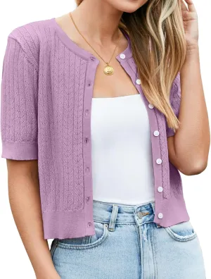 Newshows Womens Cropped Cardigan Sweaters 2025 Summer Lightweight Short Sleeve Bolero Shrug Hollow Out Button Down Tops