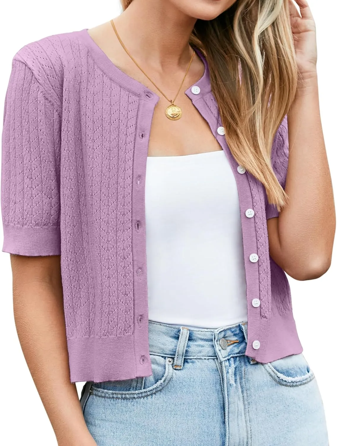 Newshows Womens Cropped Cardigan Sweaters 2025 Summer Lightweight Short Sleeve Bolero Shrug Hollow Out Button Down Tops