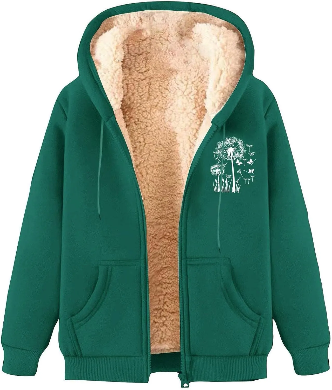 Omen's Casual Full Zip Up Sherpa Lined Hoodie Dandelion Print Oversized Sweatshirt Jackets Loose Pockets Outwear Coat