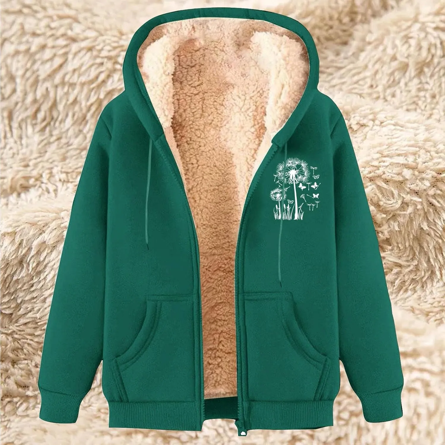 Omen's Casual Full Zip Up Sherpa Lined Hoodie Dandelion Print Oversized Sweatshirt Jackets Loose Pockets Outwear Coat
